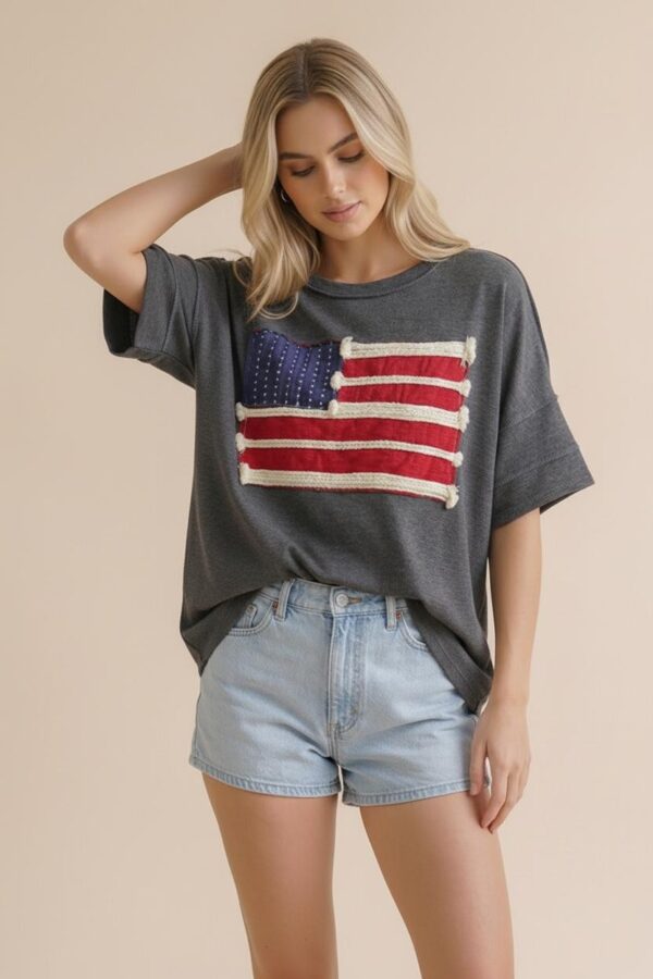 American Flag Patch Oversized Graphic Tee in Charcoal