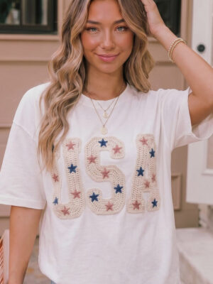USA Crochet Patch Graphic Tee in White