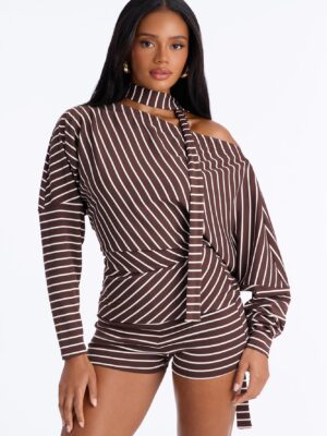 Chocolate Romper with one shoulder