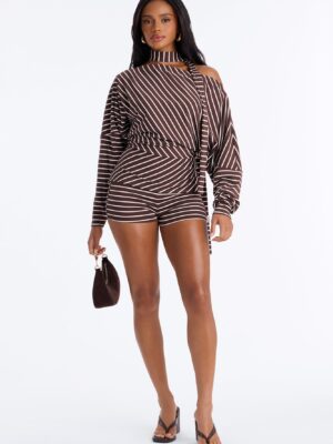 Chocolate Romper with one shoulder