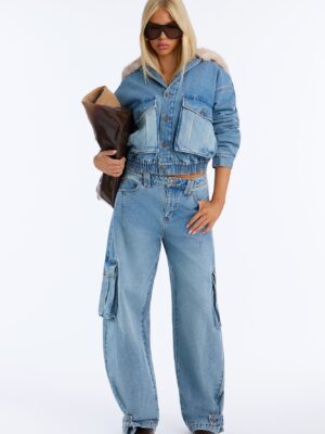 Ice Breaker Mid Waist Cargo Wide Leg Jeans - Medium Wash