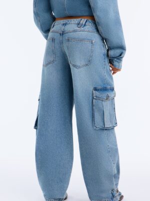 Ice Breaker Mid Waist Cargo Wide Leg Jeans - Medium Wash