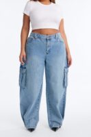 Ice Breaker Mid Waist Cargo Wide Leg Jeans - Medium Wash
