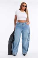 Ice Breaker Mid Waist Cargo Wide Leg Jeans - Medium Wash