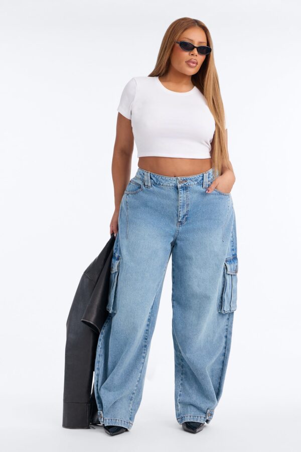 Ice Breaker Mid Waist Cargo Wide Leg Jeans - Medium Wash