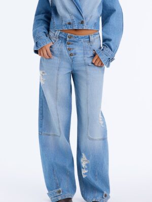 Kelsey Utility Ripped Wide Leg Jeans - Light Wash