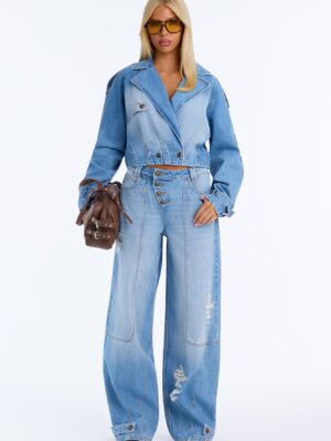 Kelsey Utility Ripped Wide Leg Jeans - Light Wash