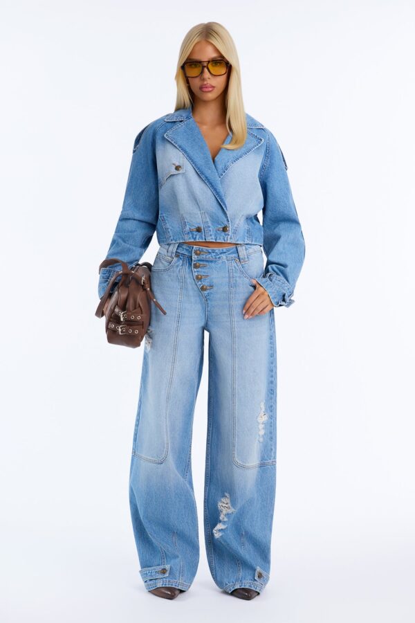 Kelsey Utility Ripped Wide Leg Jeans - Light Wash