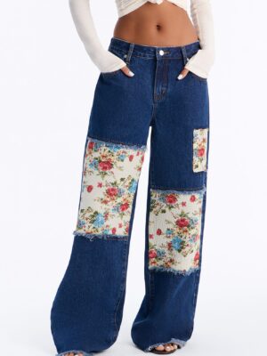 Watch Me Bloom Tapestry Panel Wide Leg Jeans - Dark Wash