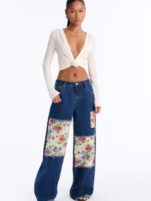 Watch Me Bloom Tapestry Panel Wide Leg Jeans - Dark Wash