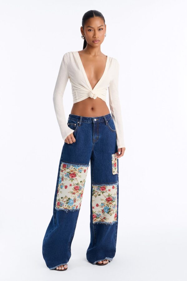 Watch Me Bloom Tapestry Panel Wide Leg Jeans - Dark Wash