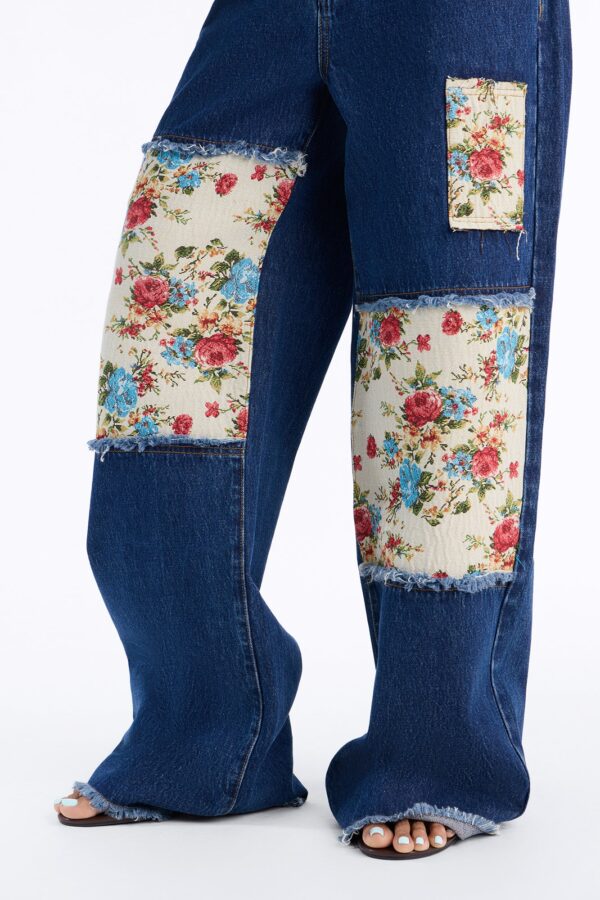 Watch Me Bloom Tapestry Panel Wide Leg Jeans - Dark Wash