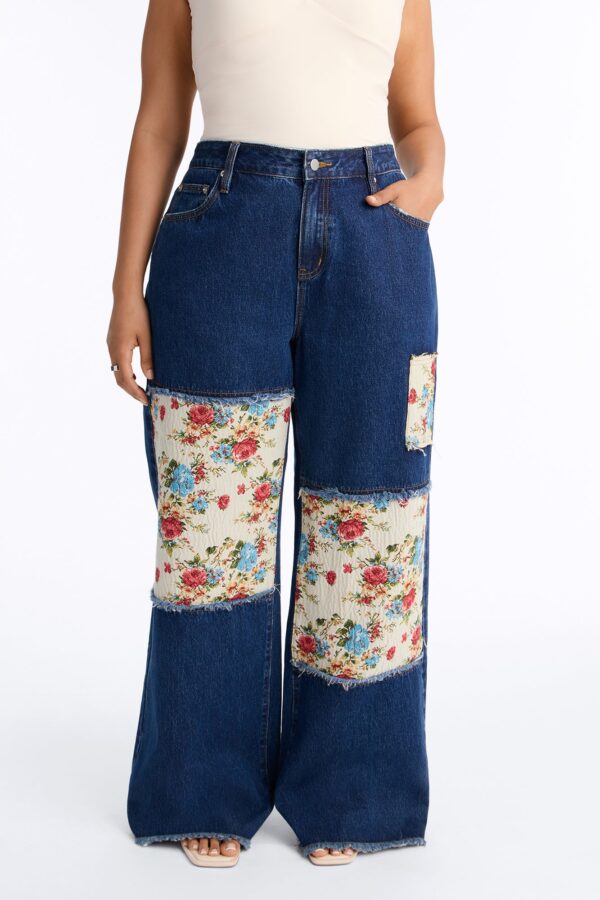 Watch Me Bloom Tapestry Panel Wide Leg Jeans - Dark Wash