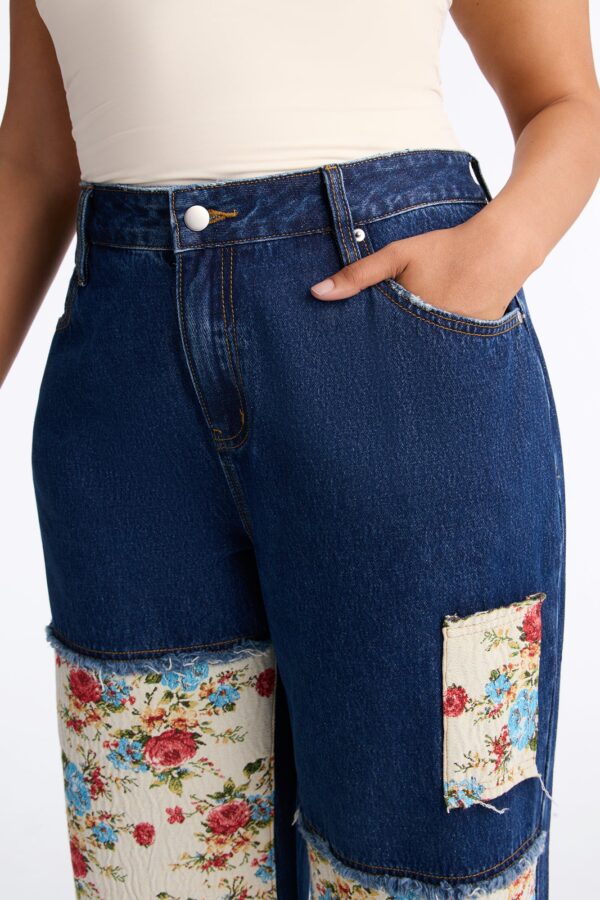 Watch Me Bloom Tapestry Panel Wide Leg Jeans - Dark Wash