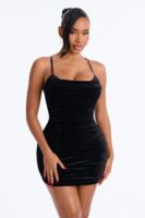 Nina Rhinestone Embellished Velvet Mini Dress - Black