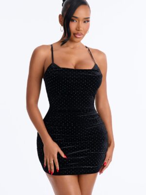 Nina Rhinestone Embellished Velvet Mini Dress - Black