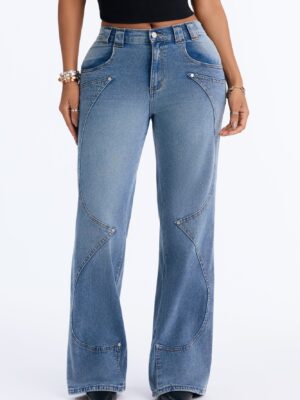 Houston Headed Mid Waist Straight Leg Jeans - Medium Wash
