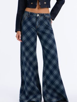 Study Hall Plaid Wide Leg Jeans - DarkWash