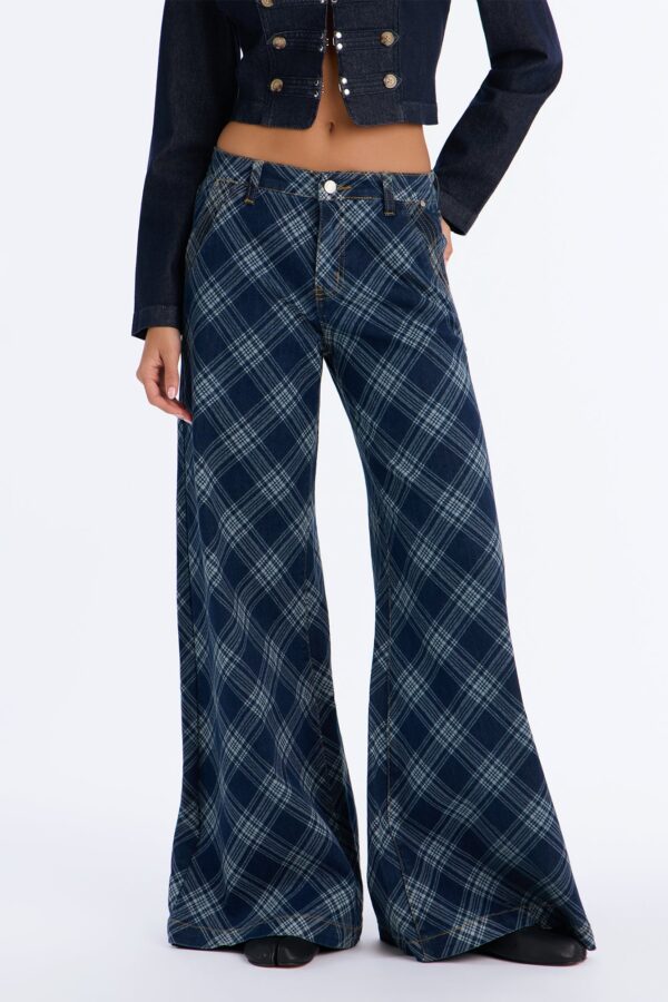 Study Hall Plaid Wide Leg Jeans - DarkWash