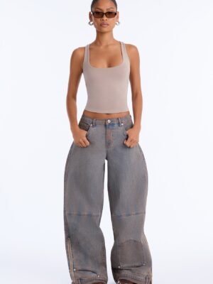 Local Station Upside Down Zipper Wide Leg Jeans - Vintage Wash