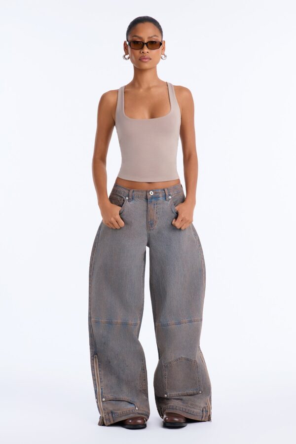 Local Station Upside Down Zipper Wide Leg Jeans - Vintage Wash