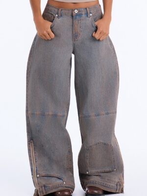 Local Station Upside Down Zipper Wide Leg Jeans - Vintage Wash