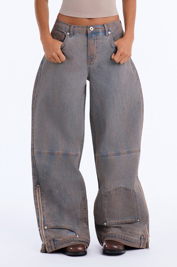 Local Station Upside Down Zipper Wide Leg Jeans - Vintage Wash
