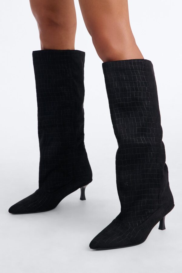 Lucky You Croc Suede Heeled Boots - Black · Black Suede