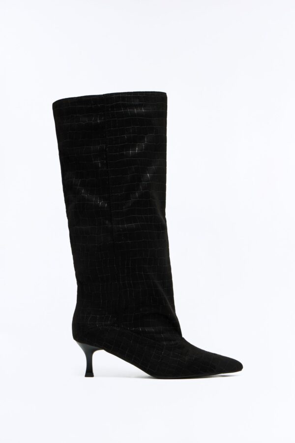 Lucky You Croc Suede Heeled Boots - Black · Black Suede