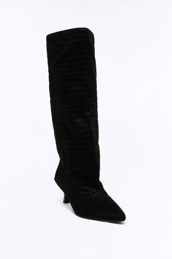 Lucky You Croc Suede Heeled Boots - Black · Black Suede