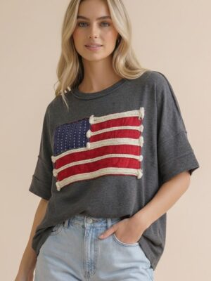 American Flag Patch Oversized Graphic Tee in Charcoal