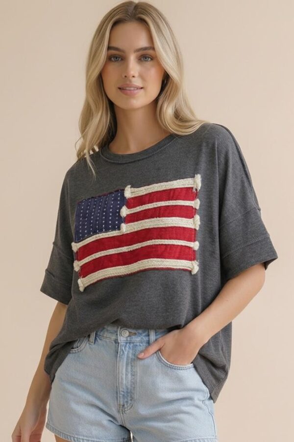 American Flag Patch Oversized Graphic Tee in Charcoal