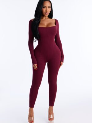 Burgundy Square-Neck Jumpsuit
