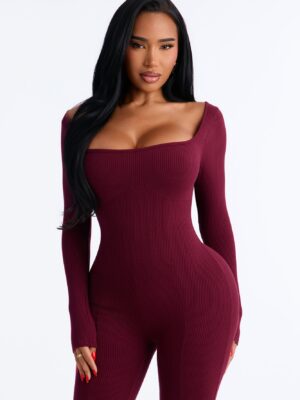 Burgundy Square-Neck Jumpsuit