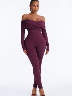 Alyissa Off Shoulder Skinny Leg Jumpsuit - Eggplant