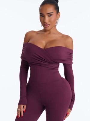 Alyissa Off Shoulder Skinny Leg Jumpsuit - Eggplant