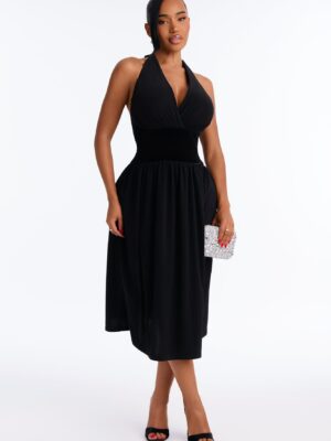 Stasi Velvet Corset Halter Midi Dress - Black