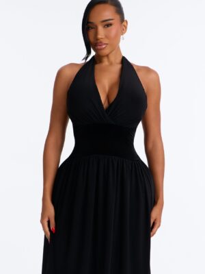 Stasi Velvet Corset Halter Midi Dress - Black