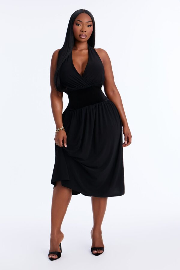 Stasi Velvet Corset Halter Midi Dress - Black
