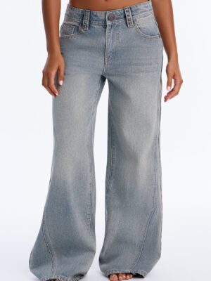 Last Call Studded Embellished Mid Waist Wide Leg Jeans - Vintage Wash
