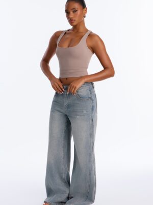 Last Call Studded Embellished Mid Waist Wide Leg Jeans - Vintage Wash