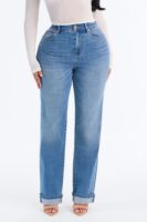 NY Classic Soft Stretch High Rise Cuff Straight Leg Jeans - Medium Wash