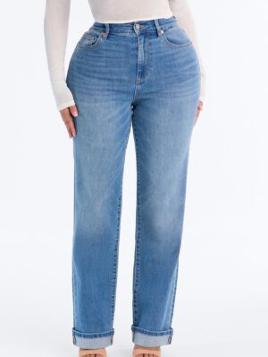 NY Classic Soft Stretch High Rise Cuff Straight Leg Jeans - Medium Wash