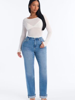 NY Classic Soft Stretch High Rise Cuff Straight Leg Jeans - Medium Wash