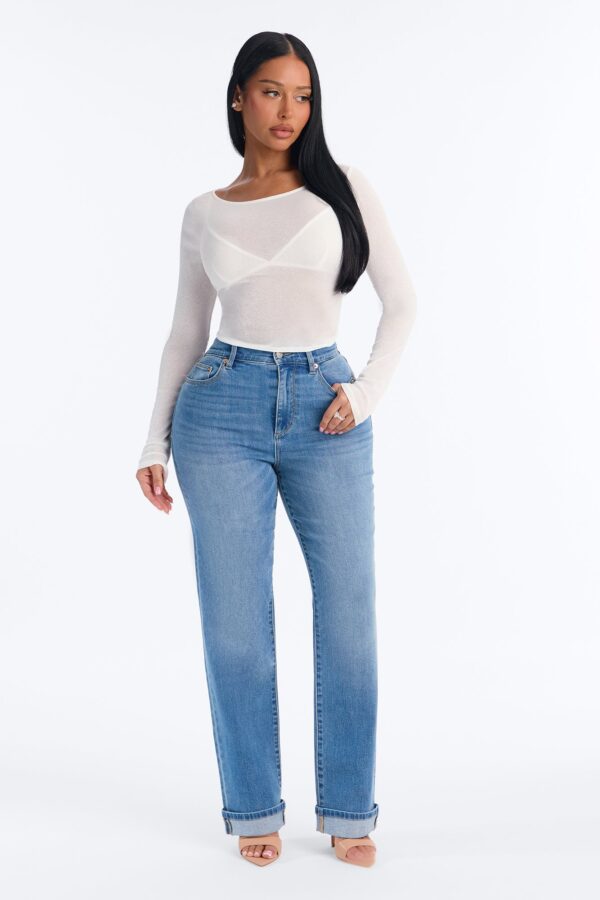 NY Classic Soft Stretch High Rise Cuff Straight Leg Jeans - Medium Wash