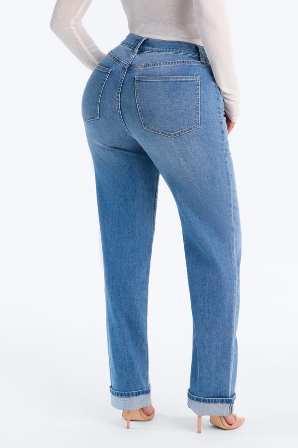 NY Classic Soft Stretch High Rise Cuff Straight Leg Jeans - Medium Wash