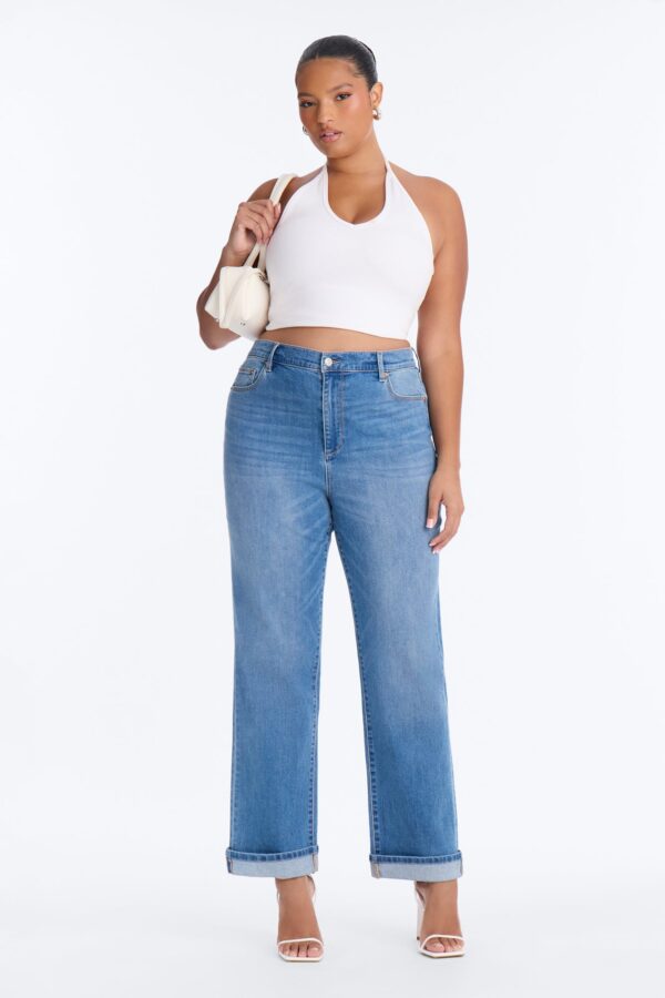 NY Classic Soft Stretch High Rise Cuff Straight Leg Jeans - Medium Wash