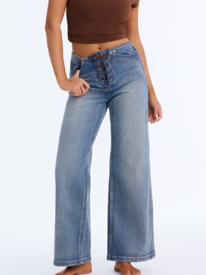 Oh Baby High Rise Lace Up Wide Leg Jeans - Vintage Wash