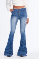 Night Owl Cut Off Waistband Stacked Low Rise Flare Jeans - Vintage Wash