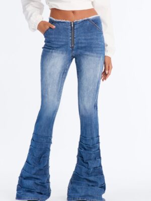 Night Owl Cut Off Waistband Stacked Low Rise Flare Jeans - Vintage Wash